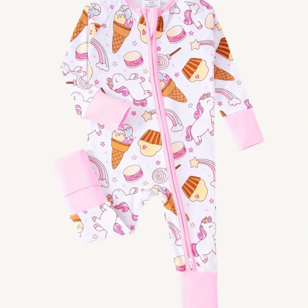 Bamboo Unicorn and Ice Cream Girls One Piece Pajamas - Double Zipper 6-9 Months